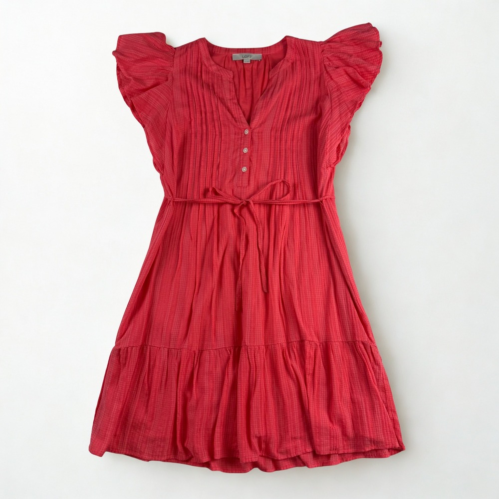 LOFT Flutter Sleeve Mini Dress Womens S Coral Pink Tiered Pintuck Boho Dobby